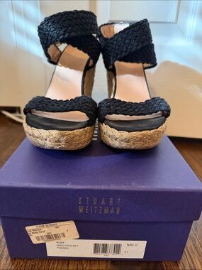Stuart Weitzman Black Alex Crochet Espadrille Wedge Sandals